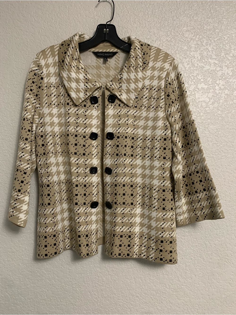 Ming Wang Knit Sweater Jacket Cardigan Womens L Houndstooth Studded Open Preppy